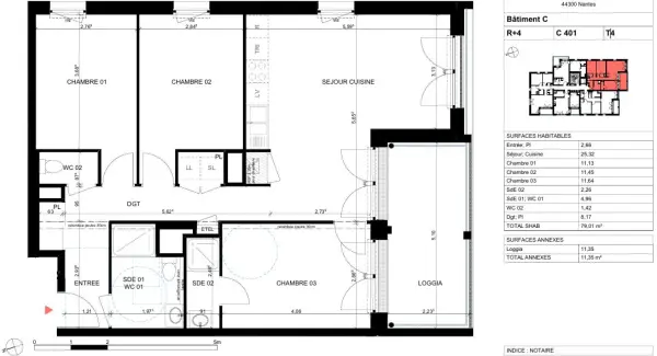 Nantes 44300 – Vente appartement 4&nbsp;pièces 3&nbsp;chambres