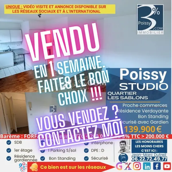 Poissy 78300 – Vente appartement 1&nbsp;pièce