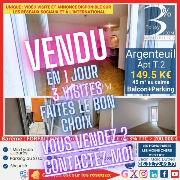 Argenteuil 95100 – Vente appartement 2&nbsp;pièces 1&nbsp;chambre