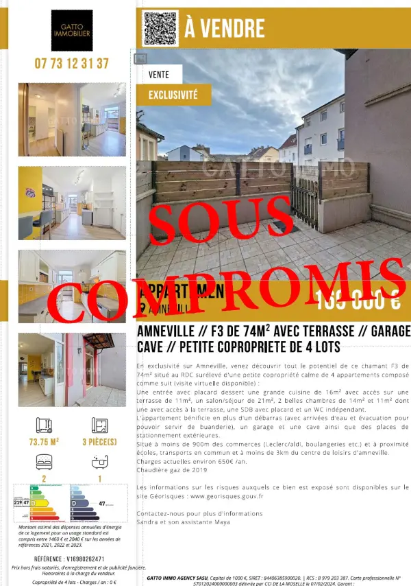 Amnéville 57360 – Vente appartement 3&nbsp;pièces 2&nbsp;chambres